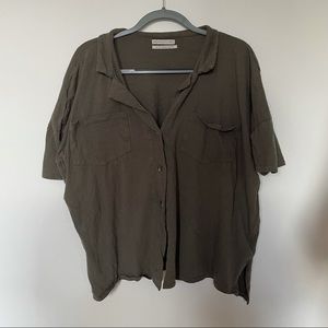 short sleeved button up v-neck army green